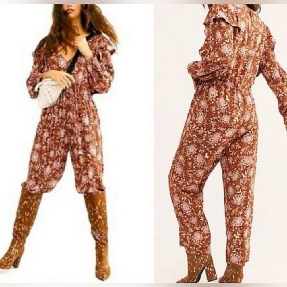 Free People Lux Floral Jumpsuit Women’s S Ruffle Drawstring Brown Pink Crop Leg